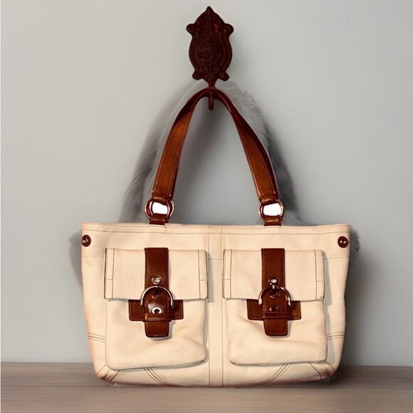 Coach Cream Leather Large Shoulder Bag Soho Double Front Pocket  With Wallet - Picture 1 of 10